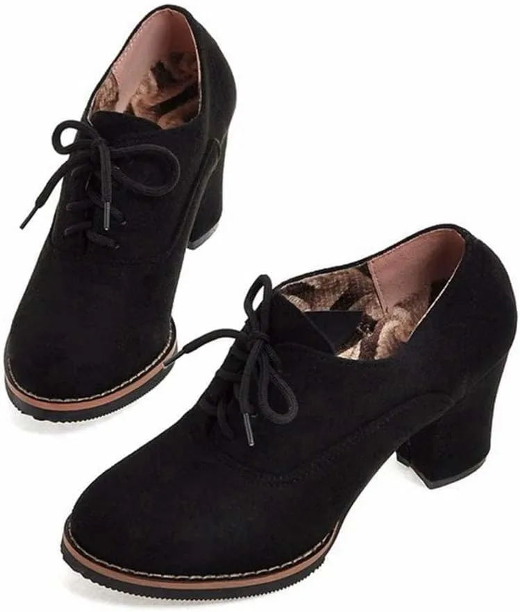 Generic Women’s Block Heel Pumps Comfort Oxfords Shoes Suede Lace up Dress Shoes Chunky Mid Heels Ankle Boots