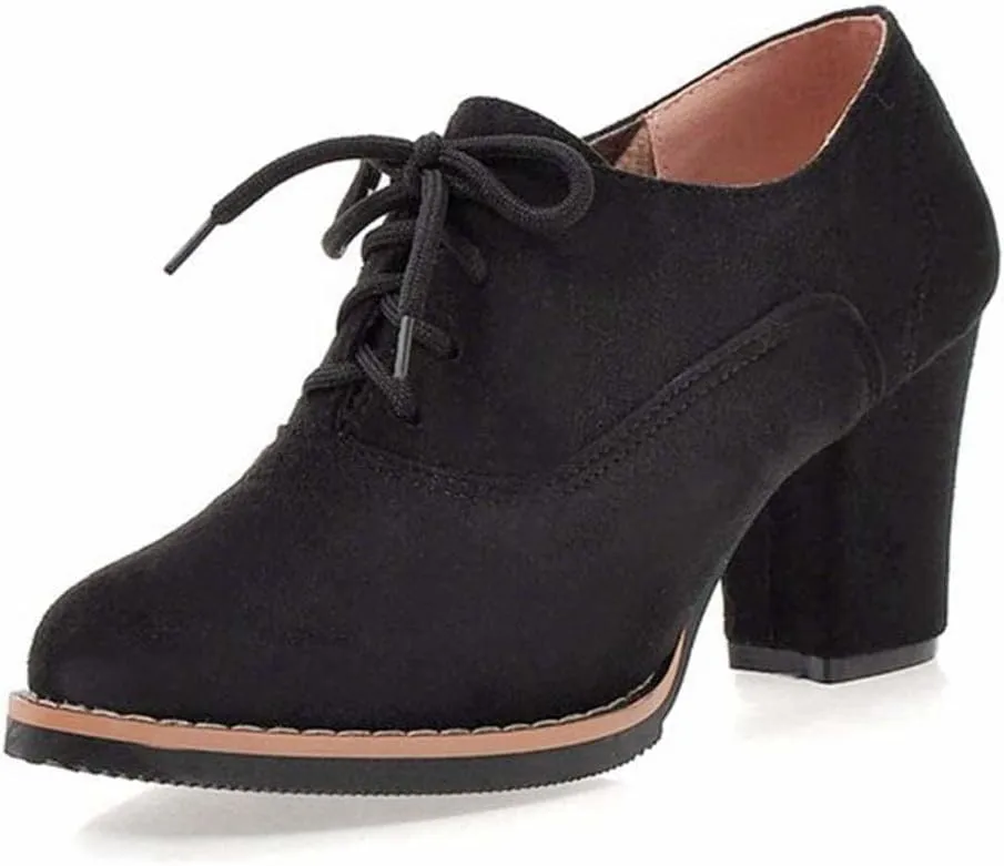 Generic Women’s Block Heel Pumps Comfort Oxfords Shoes Suede Lace up Dress Shoes Chunky Mid Heels Ankle Boots