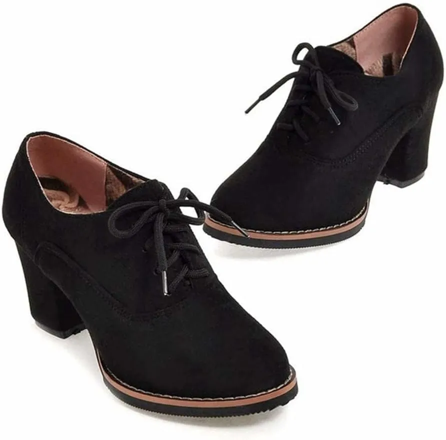 Generic Women’s Block Heel Pumps Comfort Oxfords Shoes Suede Lace up Dress Shoes Chunky Mid Heels Ankle Boots