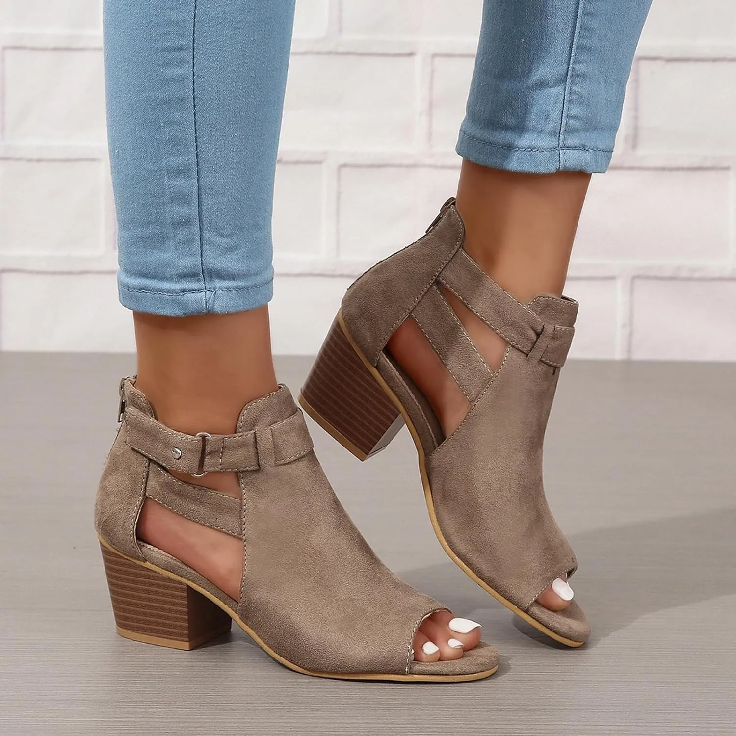 Generic Womens Peep Toe Ankle Booties Chunky Heels Suede Side Cutout Back Zipper Sandals Ankle Strap Dressy Sandals