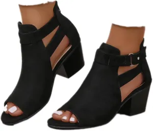 Generic Womens Peep Toe Ankle Booties Chunky Heels Suede Side Cutout Back Zipper Sandals Ankle Strap Dressy Sandals