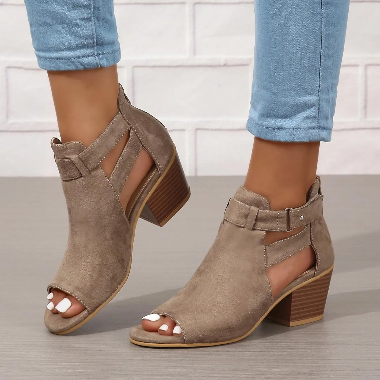 Generic Womens Peep Toe Ankle Booties Chunky Heels Suede Side Cutout Back Zipper Sandals Ankle Strap Dressy Sandals