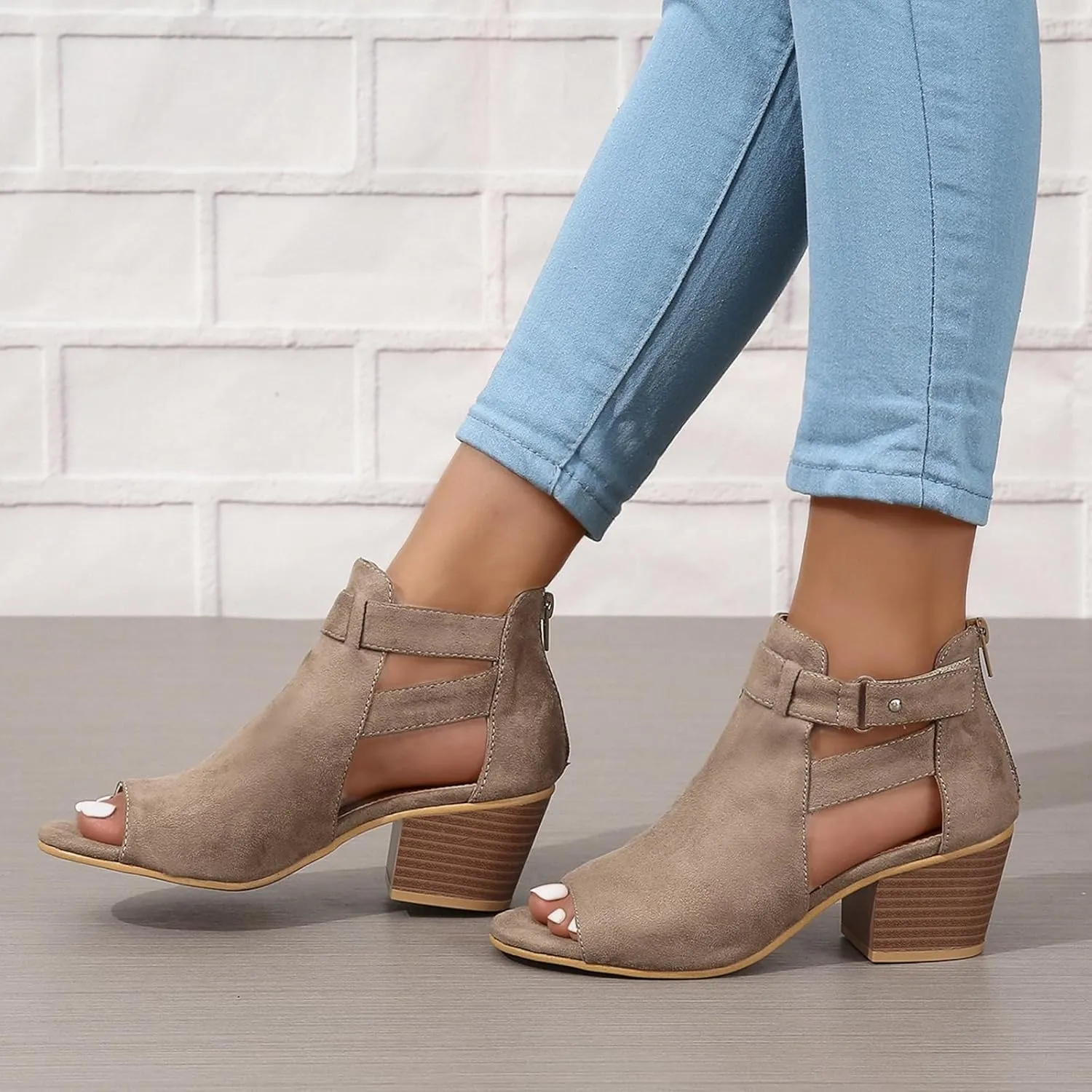 Generic Womens Peep Toe Ankle Booties Chunky Heels Suede Side Cutout Back Zipper Sandals Ankle Strap Dressy Sandals