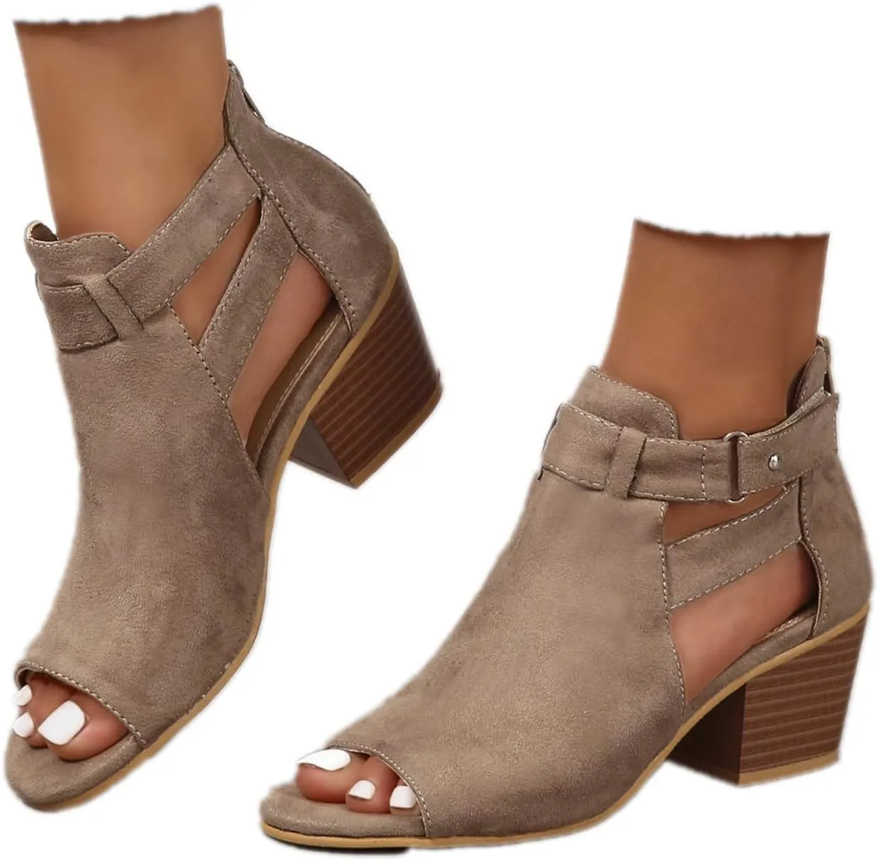 Generic Womens Peep Toe Ankle Booties Chunky Heels Suede Side Cutout Back Zipper Sandals Ankle Strap Dressy Sandals