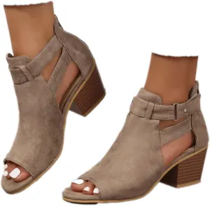 Generic Womens Peep Toe Ankle Booties Chunky Heels Suede Side Cutout Back Zipper Sandals Ankle Strap Dressy Sandals