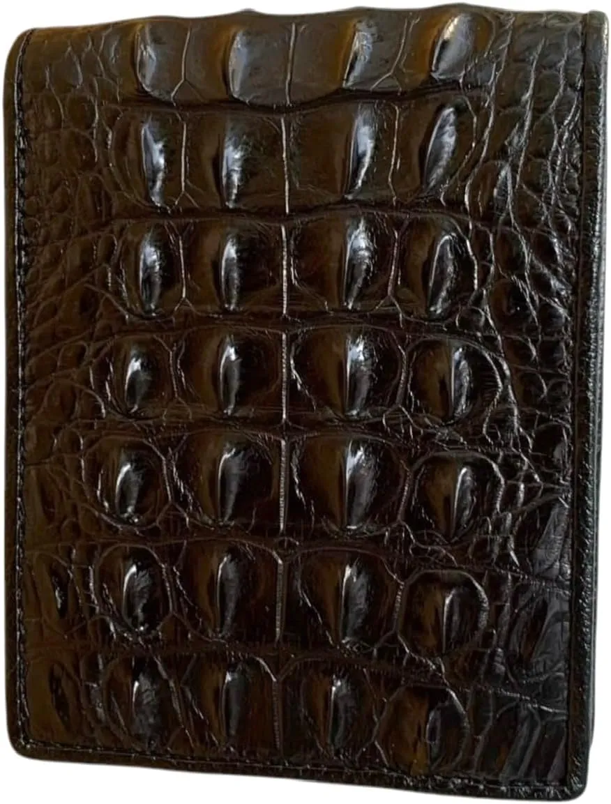 Genuine Alligator Bifold Wallet For Men, Real Crocodile Wallets Men (Black One Side Alligator Hornback Skin)