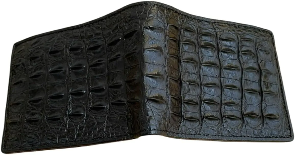 Genuine Alligator Bifold Wallet For Men, Real Crocodile Wallets Men (Black One Side Alligator Hornback Skin)