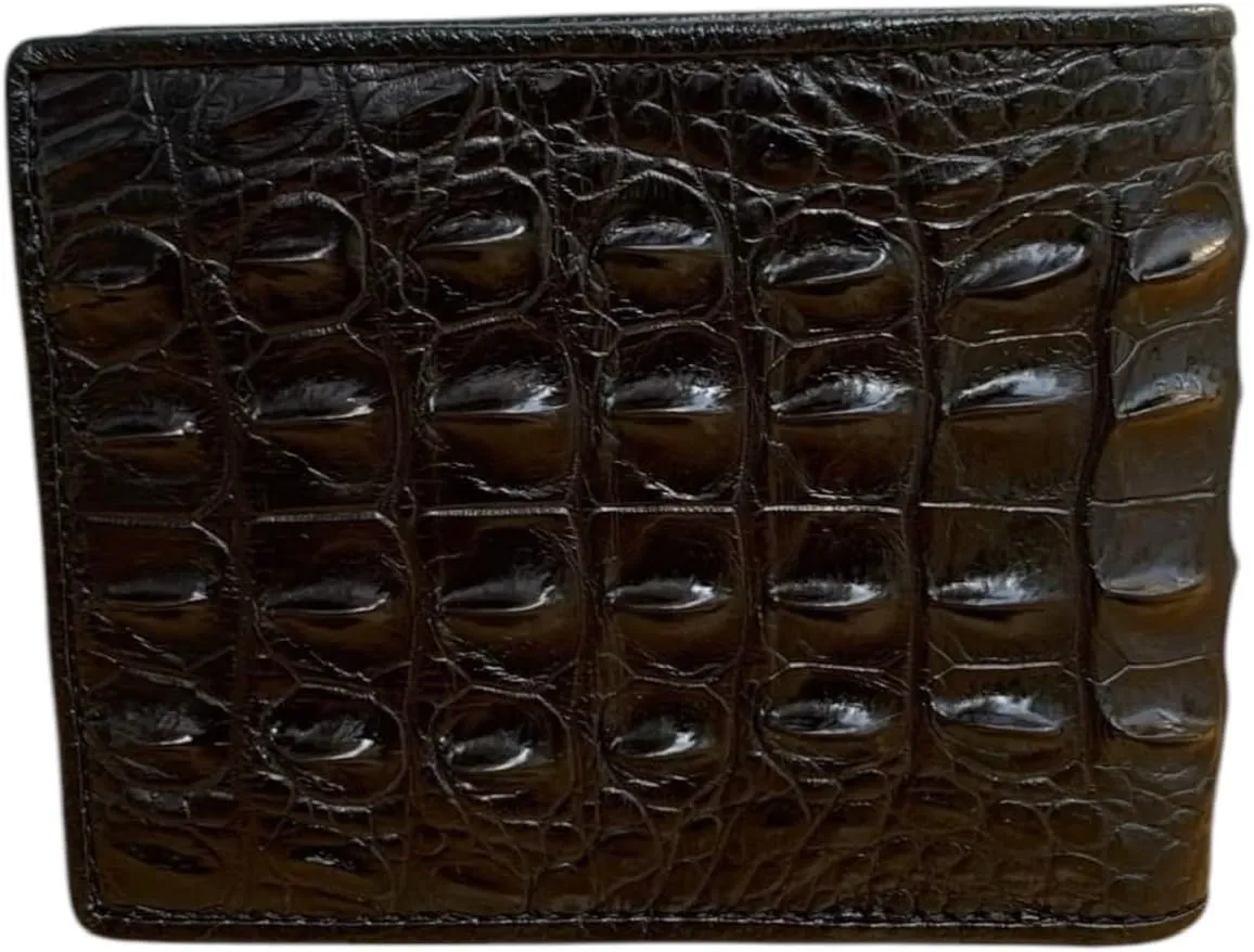 Genuine Alligator Bifold Wallet For Men, Real Crocodile Wallets Men (Black One Side Alligator Hornback Skin)