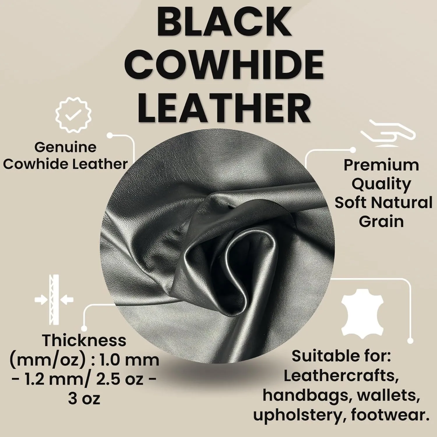 Genuine Cowhide Smooth Leather PRECUT Sheets for Crafts - Black 12"x12"