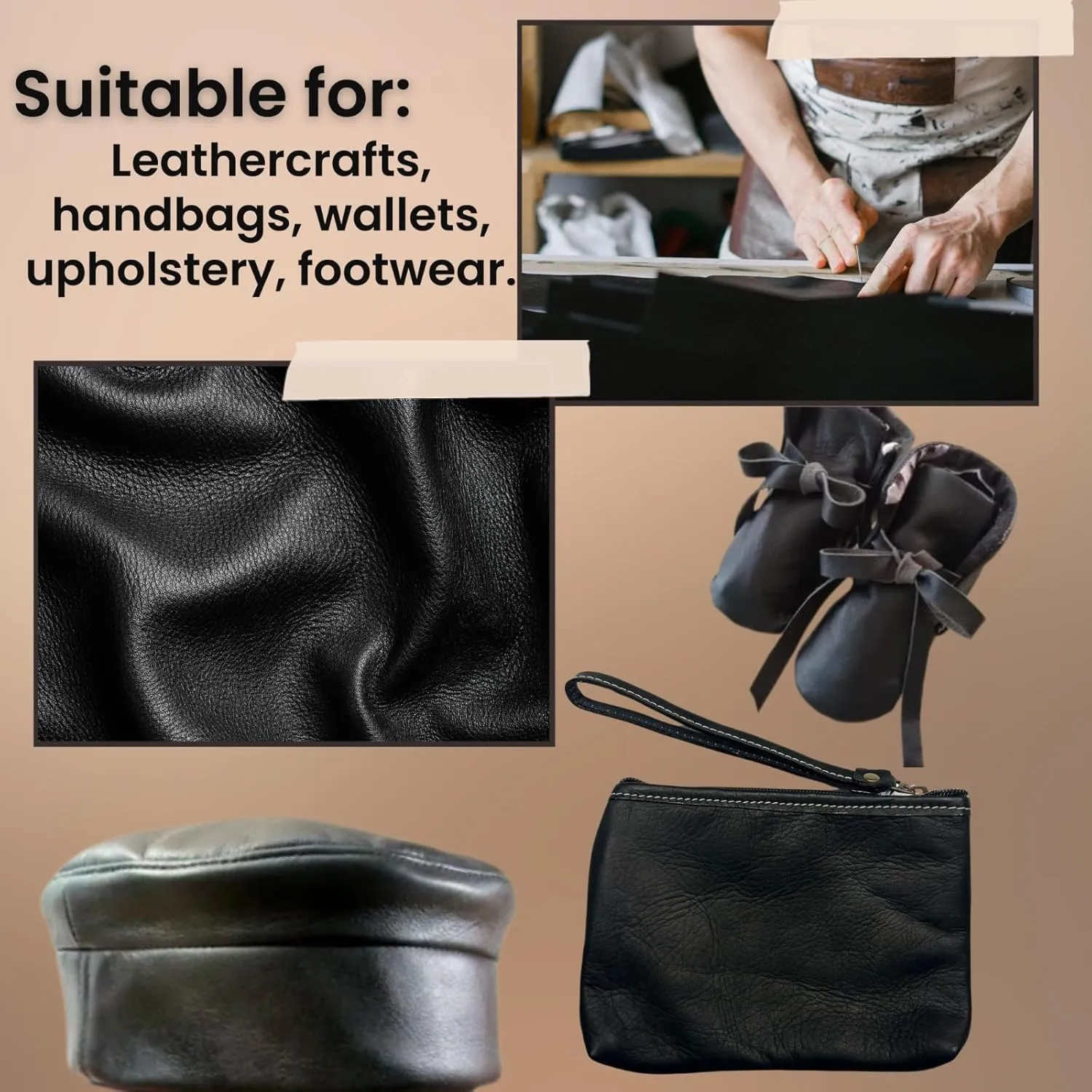 Genuine Cowhide Smooth Leather PRECUT Sheets for Crafts - Black 12"x12"