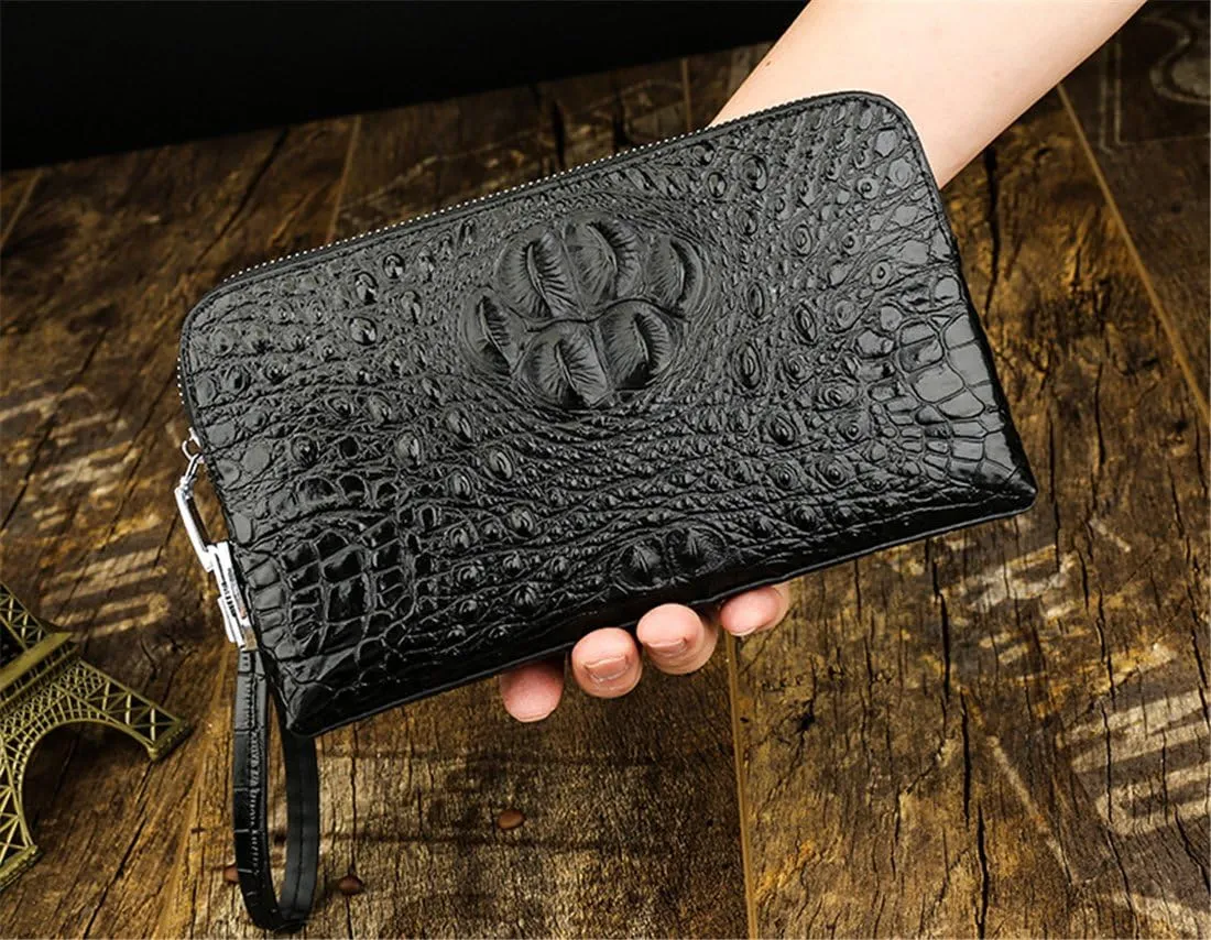 Genuine Leather Alligator Print Zipper Closure Clutch Handbag for Men