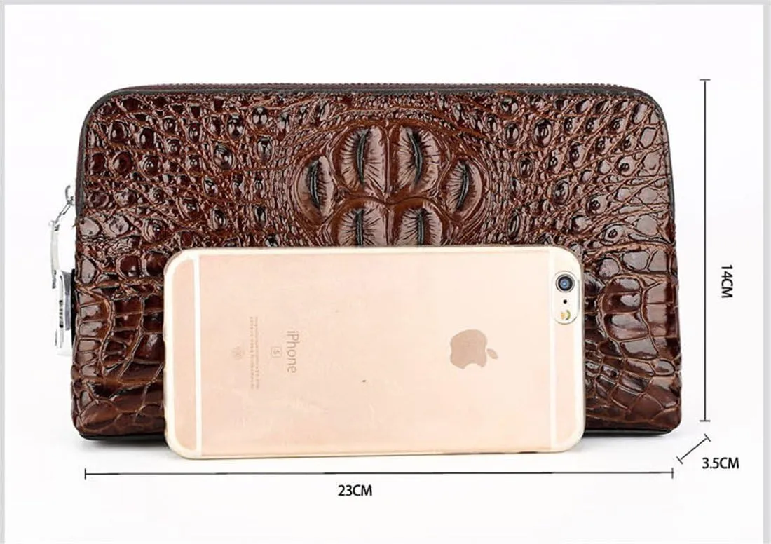 Genuine Leather Alligator Print Zipper Closure Clutch Handbag for Men