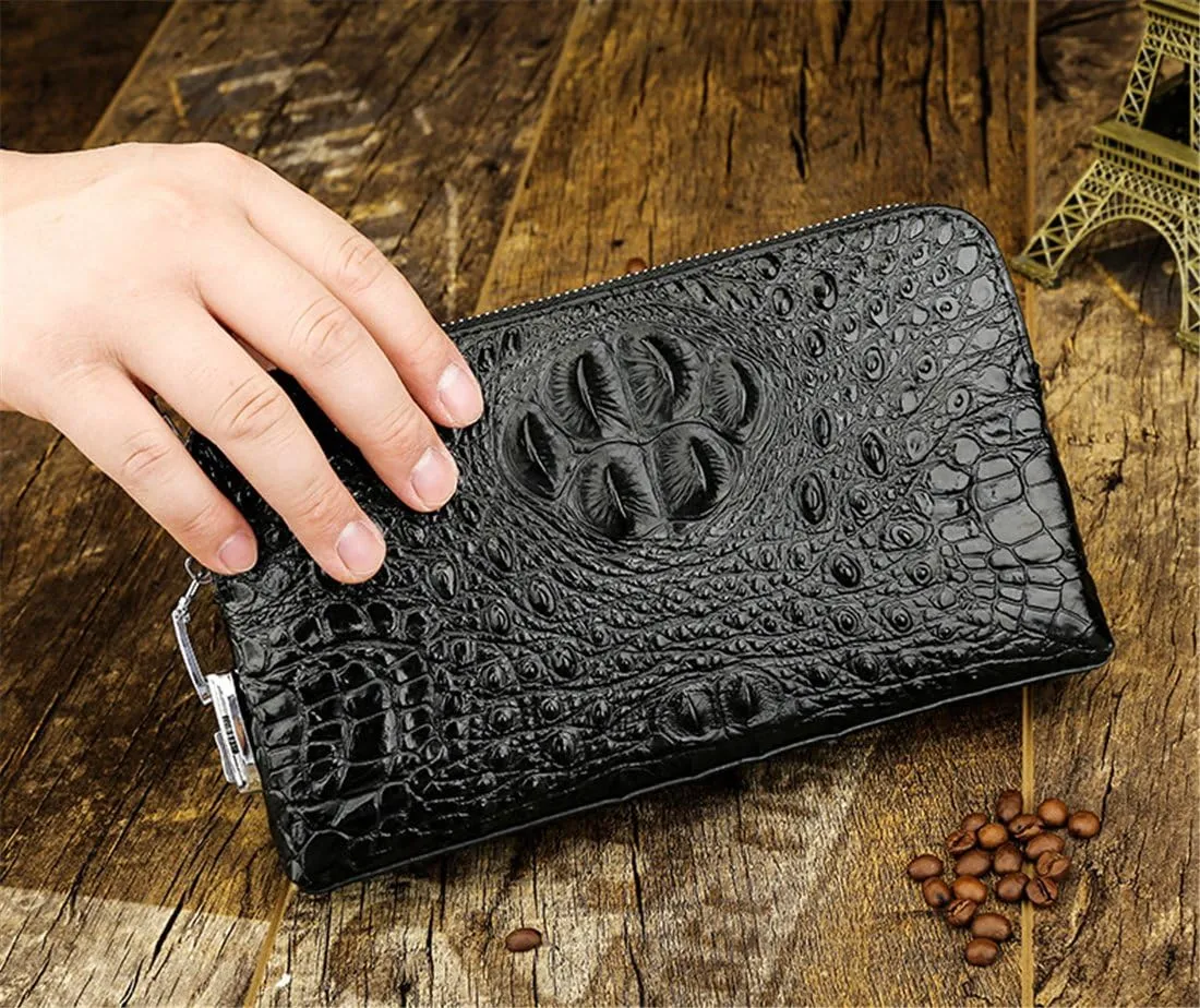 Genuine Leather Alligator Print Zipper Closure Clutch Handbag for Men