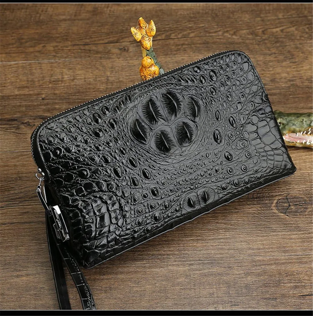 Genuine Leather Alligator Print Zipper Closure Clutch Handbag for Men