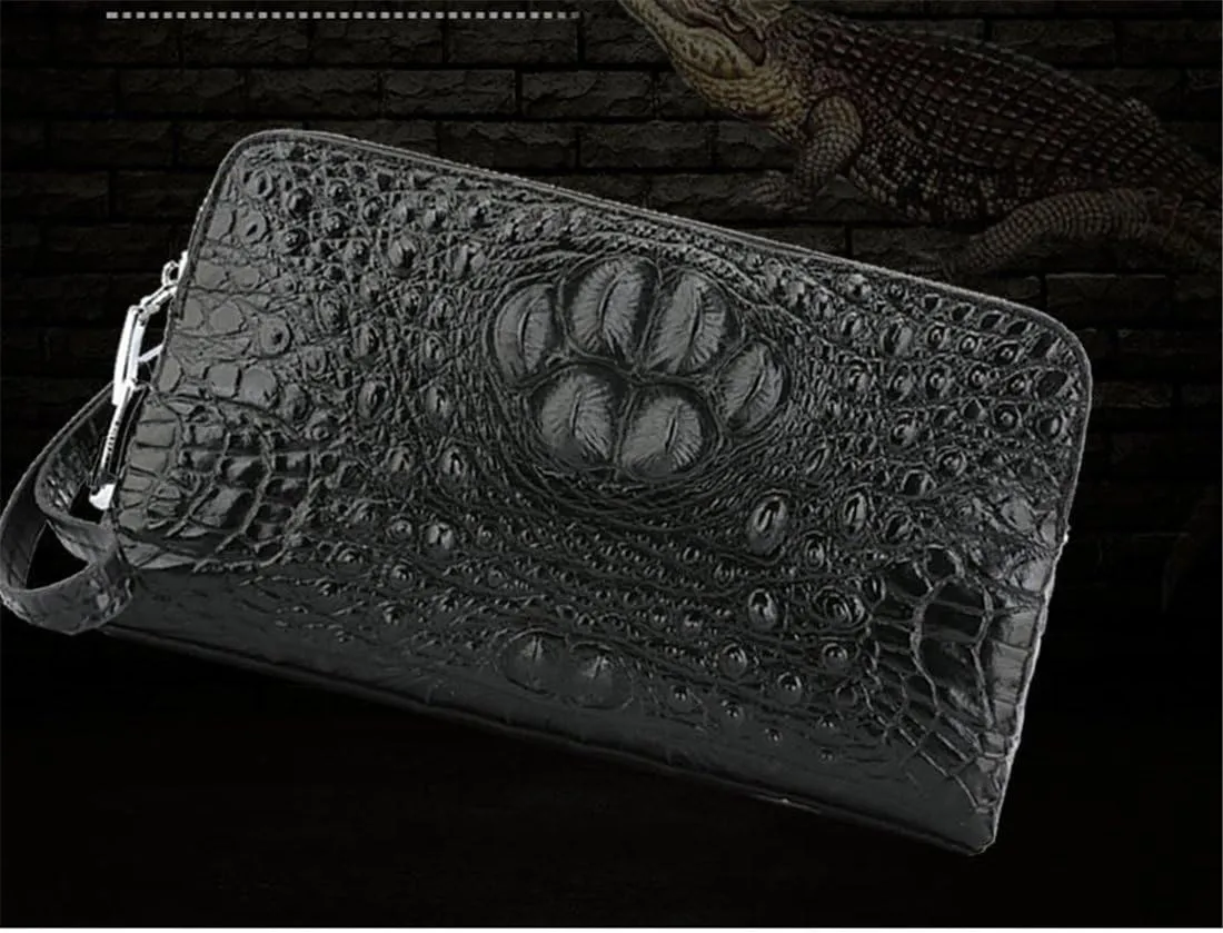 Genuine Leather Alligator Print Zipper Closure Clutch Handbag for Men