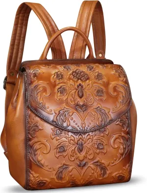 Genuine Leather Backpack for Women Purse Retro Embossed Leather Handmade Knapsack Back Bag Casual Daypack (Brown)