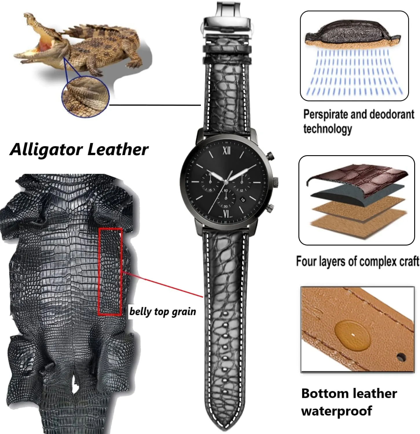 Genuine Leather Band Alligator and Cowhide Replacement Deployment Buckle Watch strap18mm to 24mm Crocodile Leather Strap for Men's and Women's