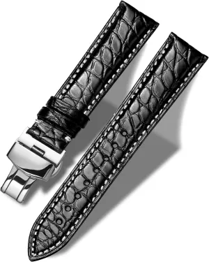 Genuine Leather Band Alligator and Cowhide Replacement Deployment Buckle Watch strap18mm to 24mm Crocodile Leather Strap for Men's and Women's