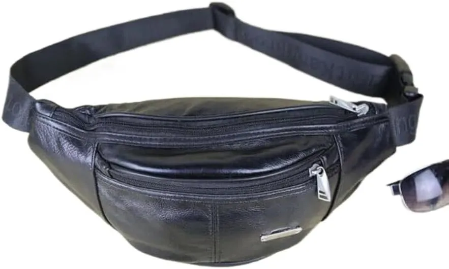 Genuine Leather Belt Bag, Multifunction Waist Fanny Pack (Black)
