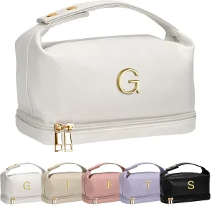 Gifts for Teen Girls, Initial Makeup Bag, Personalized Bags with Handle, Waterproof Double Layer Cosmetic Bag, Large Capacity PU Leather Makeup Bags Letter Travel Toiletry Bag, Friend Gifts