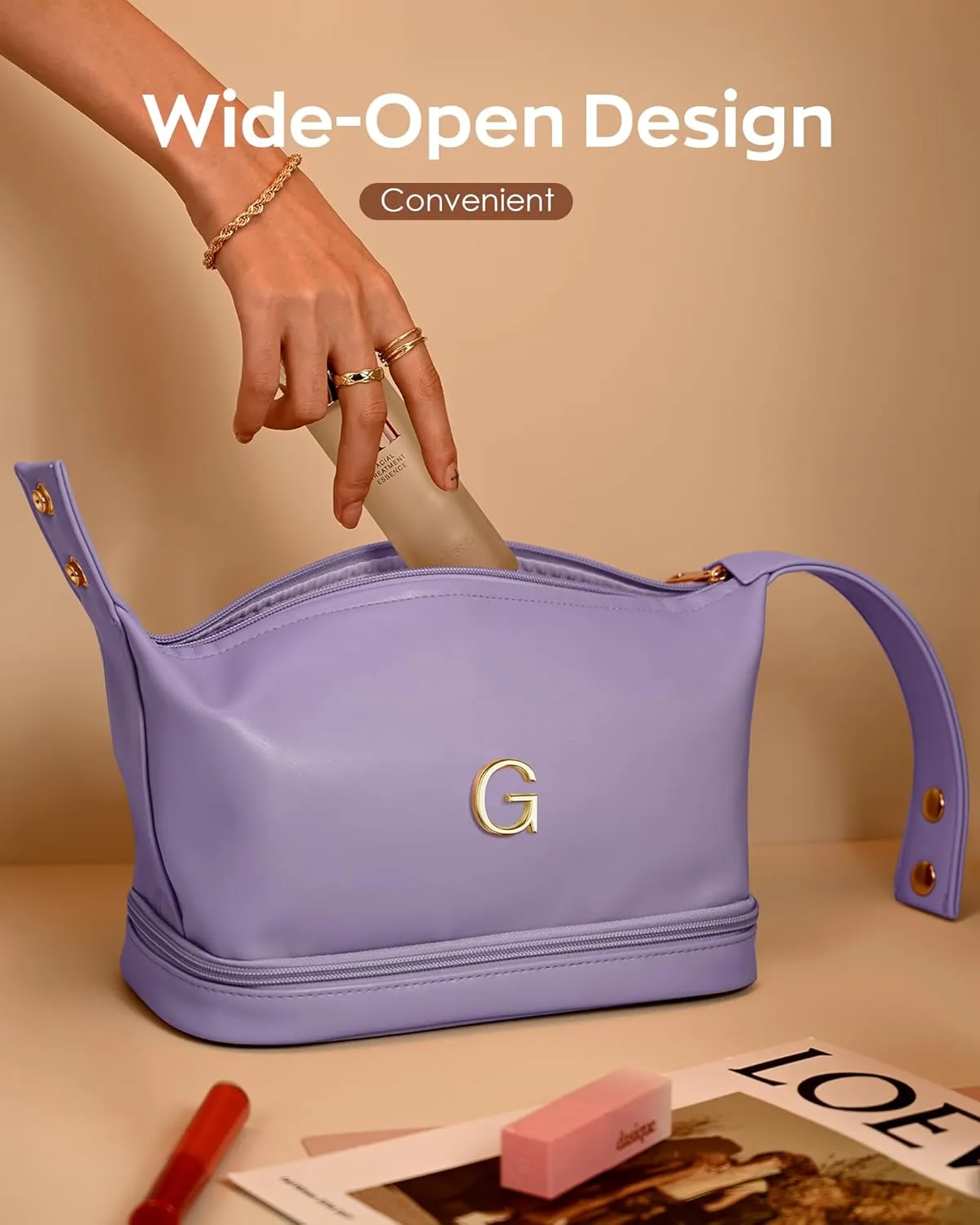 Gifts for Women, Personalized Makeup Bag with Handle, Initial Double Layer Cosmetic Bag with Makeup Brush Organizer, PU Leather Travel Toiletry Bag, Gifts for Friends Female Mom