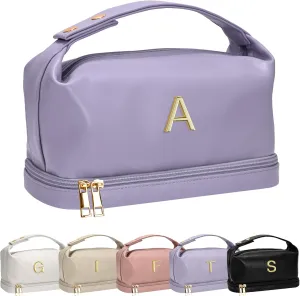 Gifts for Women, Personalized Makeup Bag with Handle, Initial Double Layer Cosmetic Bag with Makeup Brush Organizer, PU Leather Travel Toiletry Bag, Gifts for Friends Female Mom