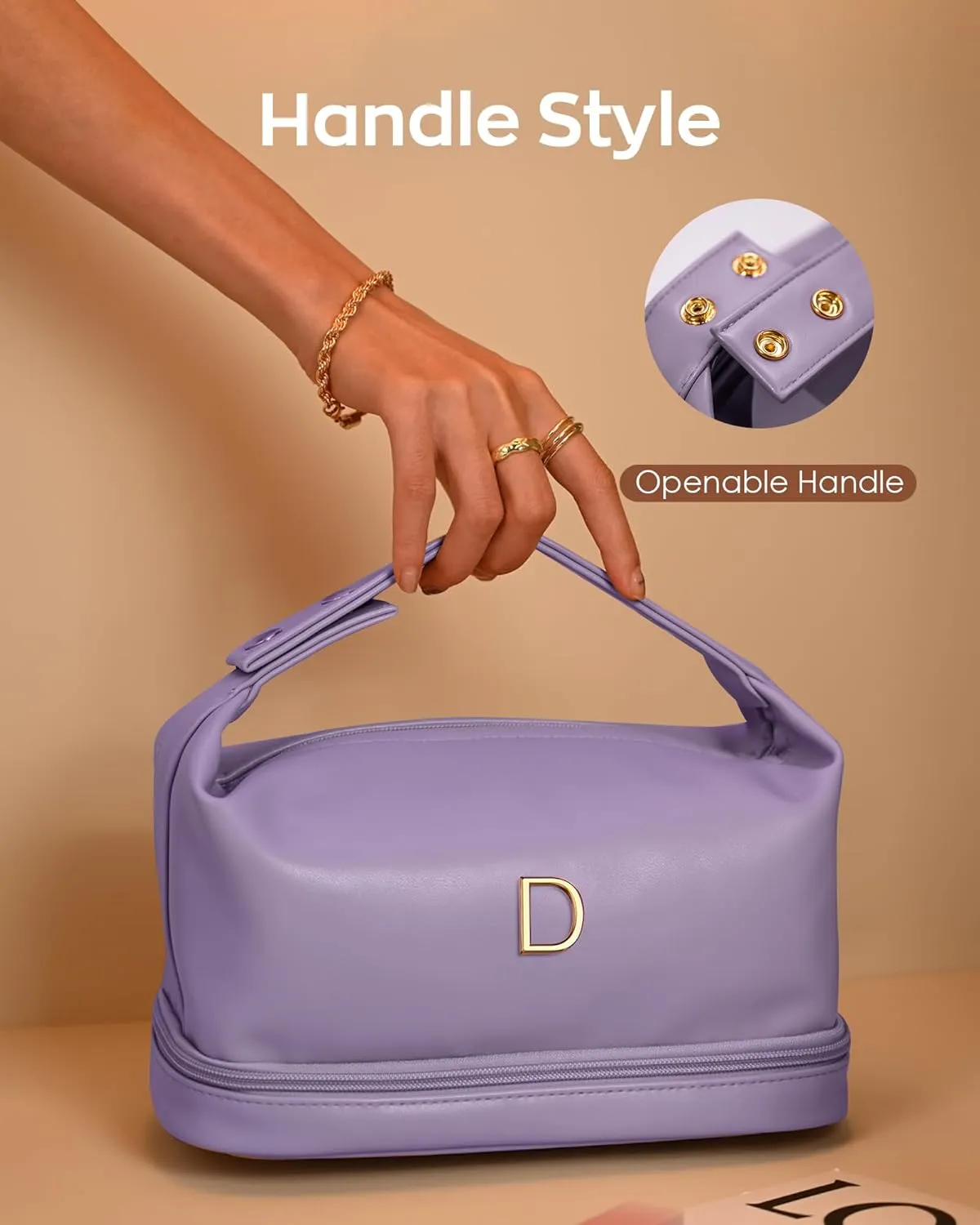 Gifts for Women, Personalized Makeup Bag with Handle, Initial Double Layer Cosmetic Bag with Makeup Brush Organizer, PU Leather Travel Toiletry Bag, Gifts for Friends Female Mom