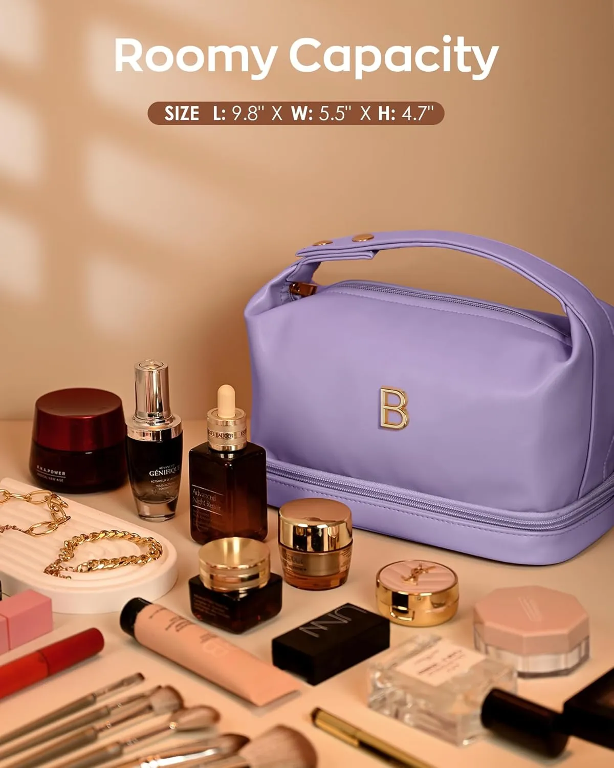 Gifts for Women, Personalized Makeup Bag with Handle, Initial Double Layer Cosmetic Bag with Makeup Brush Organizer, PU Leather Travel Toiletry Bag, Gifts for Friends Female Mom