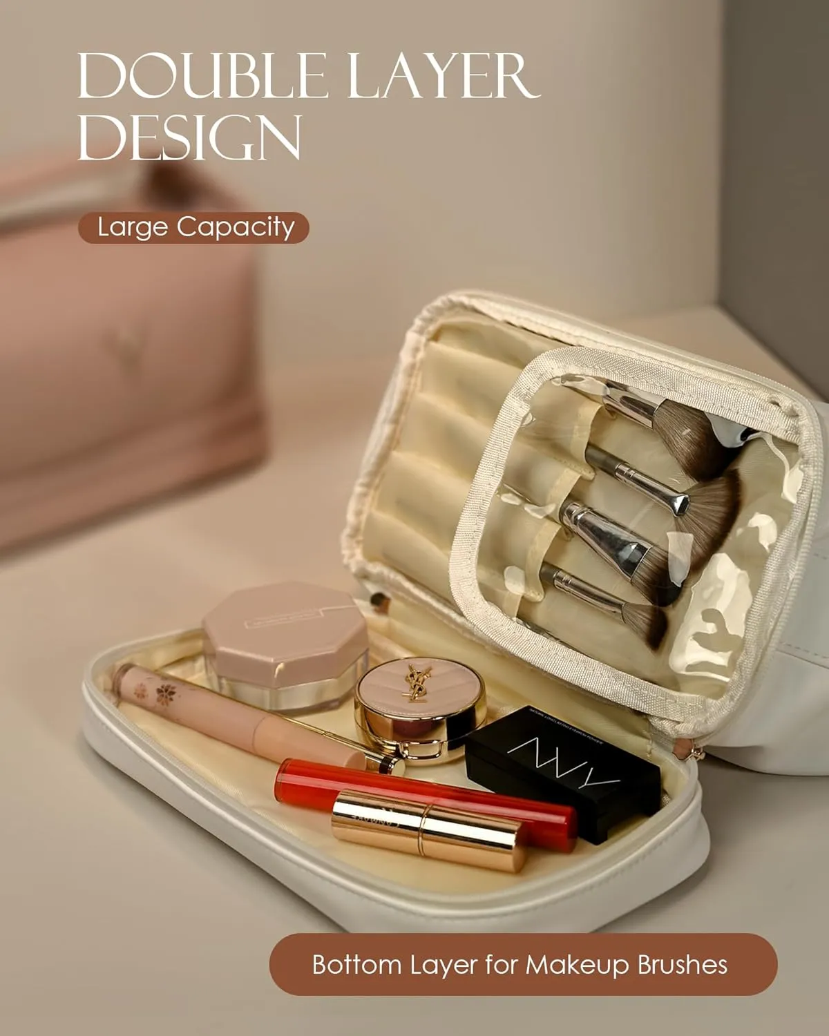 Girl Gift Ideas, Travel Makeup Bag with Handle, Initial Double Layer Cosmetic Bag with Makeup Brush Organizer, Cute Cosmetic Pouch for Women, Birthday Gifts for 8 9 10 11 12 13 Year Old Girls