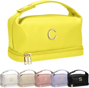 Girl Gift Ideas, Travel Makeup Bag with Handle, Initial Double Layer Cosmetic Bag with Makeup Brush Organizer, Cute Cosmetic Pouch for Women, Birthday Gifts for 8 9 10 11 12 13 Year Old Girls