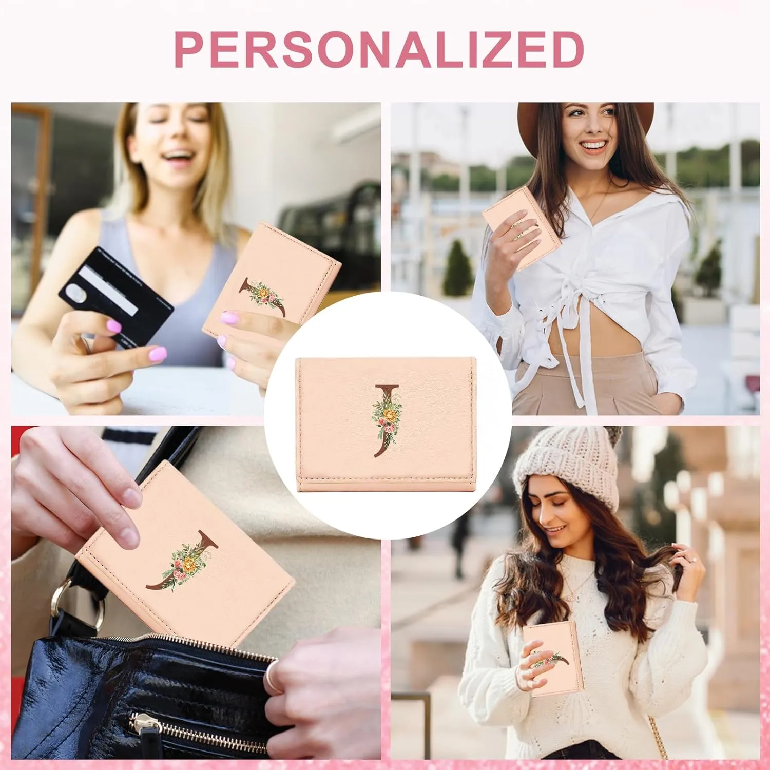 Girls Wallet,Small Wallet for Women,kids wallets for girls,Christmas Gifts,Cute Small Leather Pocket Wallet for Women,Monogrammed Gifts for Women Mom Grandma Initial J (Baby Pink)