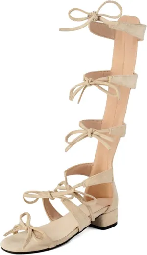 Gladiator Knee High Sandals for Women Summer Low Heel Open Toe Strappy Sandals with Bow Dress Shoes