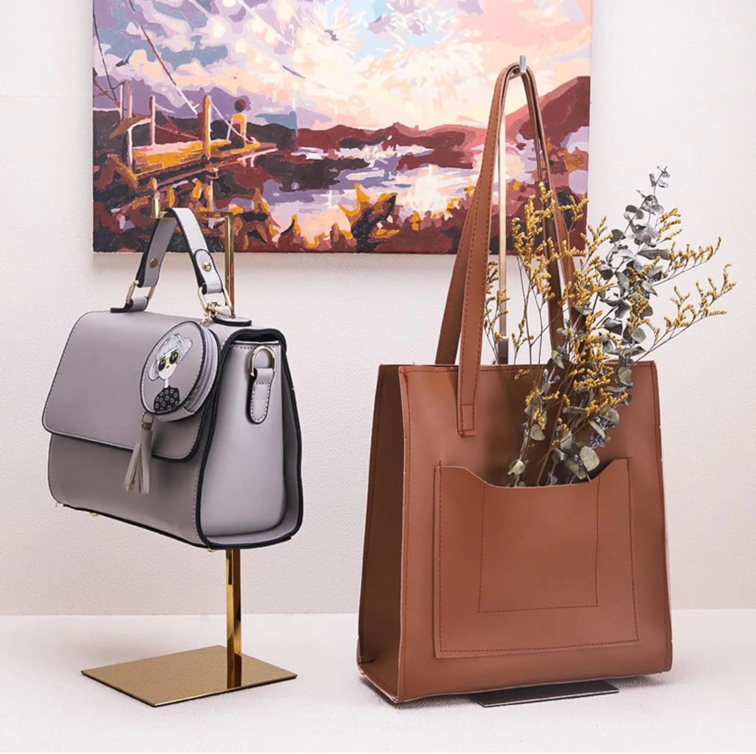 Gold Purse Display Stand, 2 Pack Handbag Display Stand Adjustable Height Stainless Steel Stability Non-slip Base, Large Bags Display Rack Luxury Purse Holder for Table Retail Closet