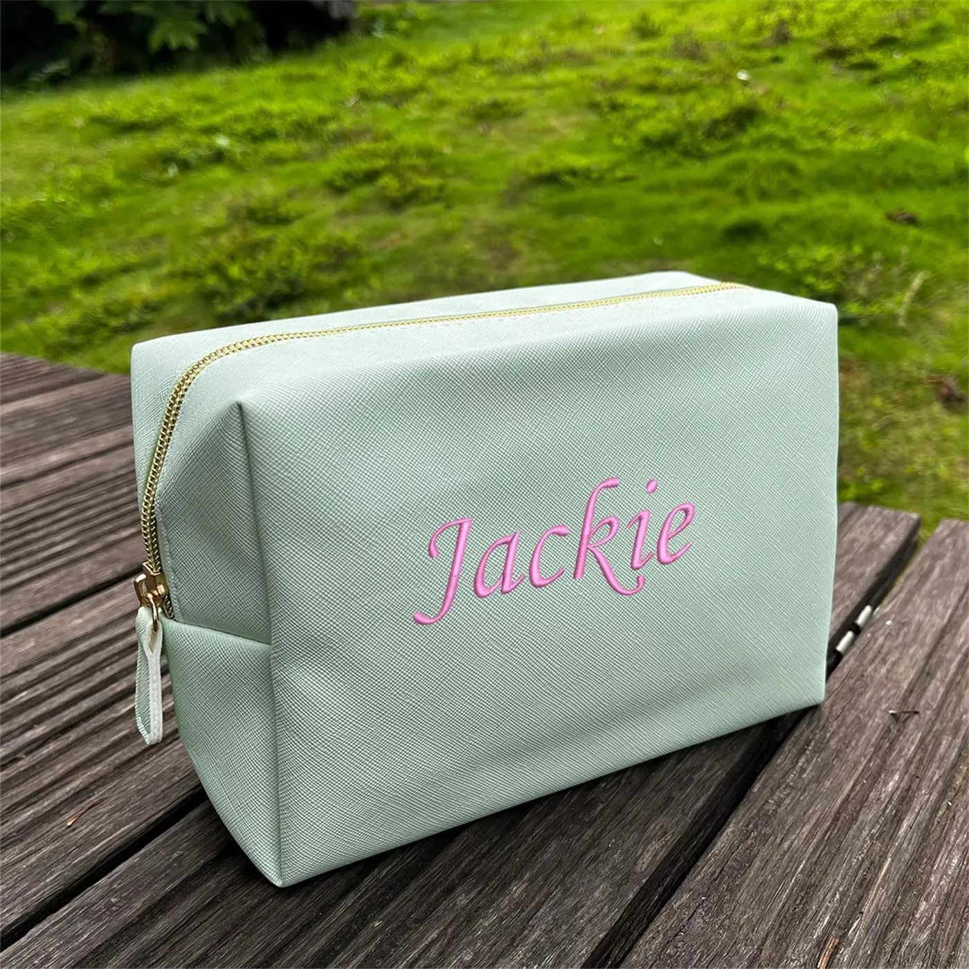GOPHIE Personalized Embroidered Makeup Bag, Toiletry Bag for Women, Large Cosmetic Travel Bag, Gift For Bridesmaid,Set of 3,Green