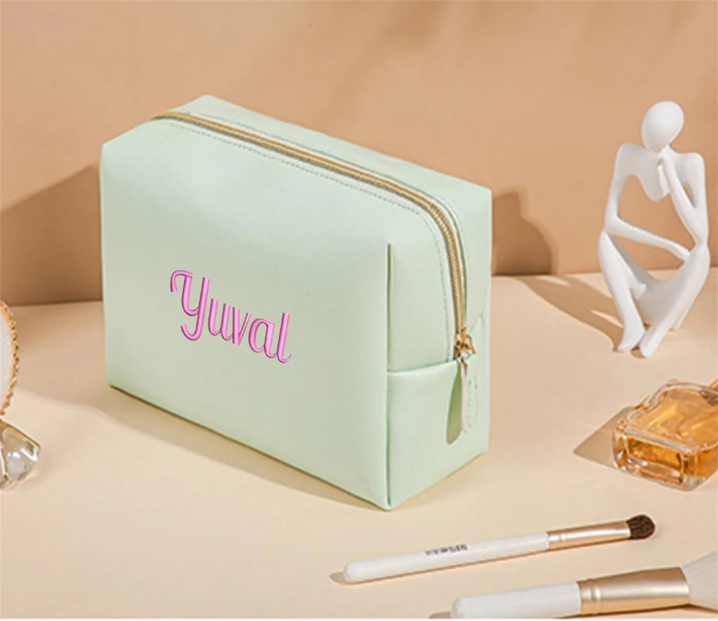GOPHIE Personalized Embroidered Makeup Bag, Toiletry Bag for Women, Large Cosmetic Travel Bag, Gift For Bridesmaid,Set of 3,Green