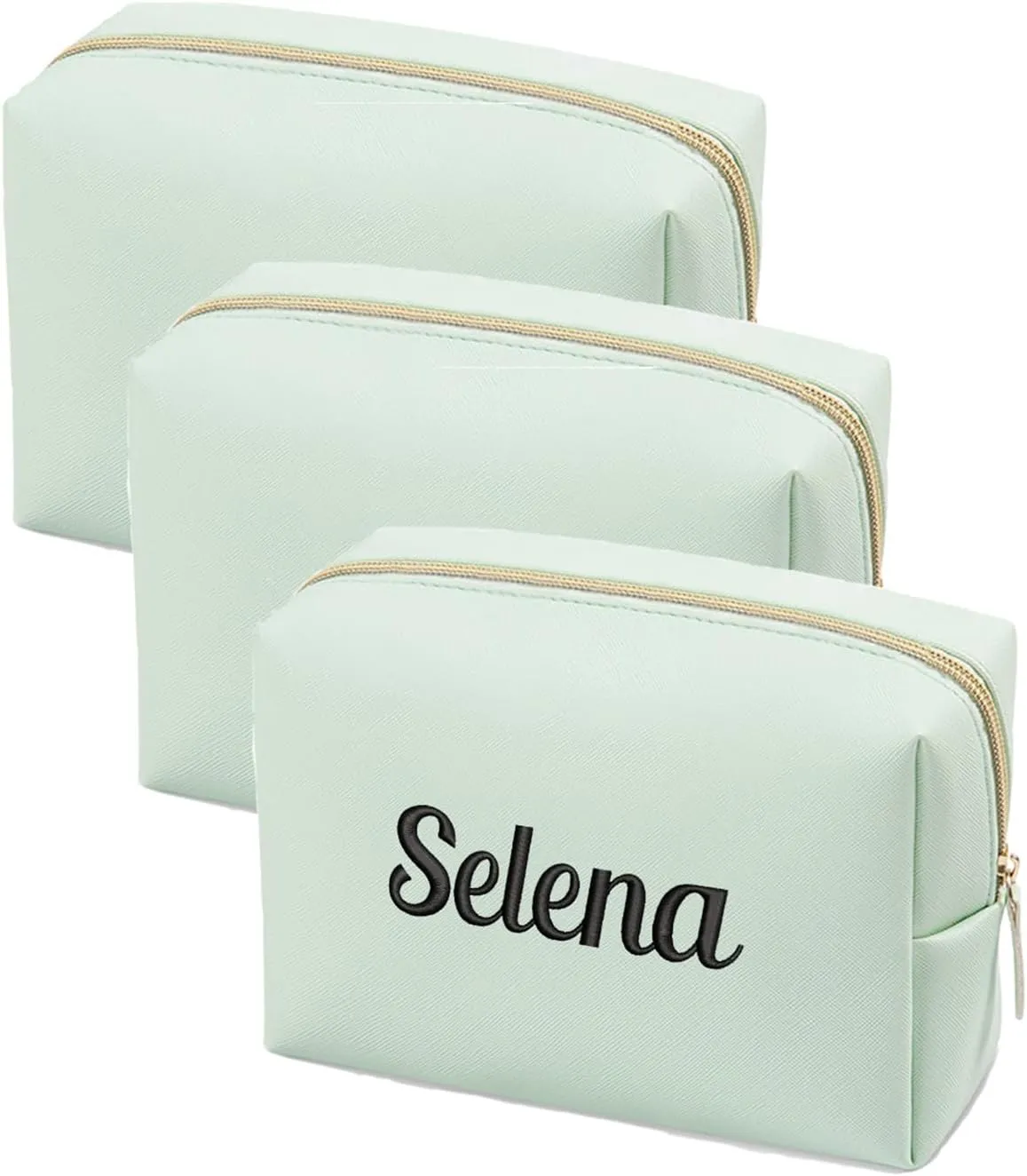 GOPHIE Personalized Embroidered Makeup Bag, Toiletry Bag for Women, Large Cosmetic Travel Bag, Gift For Bridesmaid,Set of 3,Green