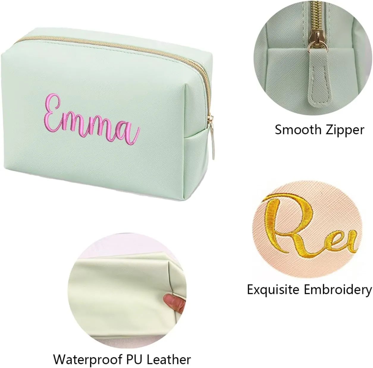 GOPHIE Personalized Embroidered Makeup Bag, Toiletry Bag for Women, Large Cosmetic Travel Bag, Gift For Bridesmaid,Set of 3,Green