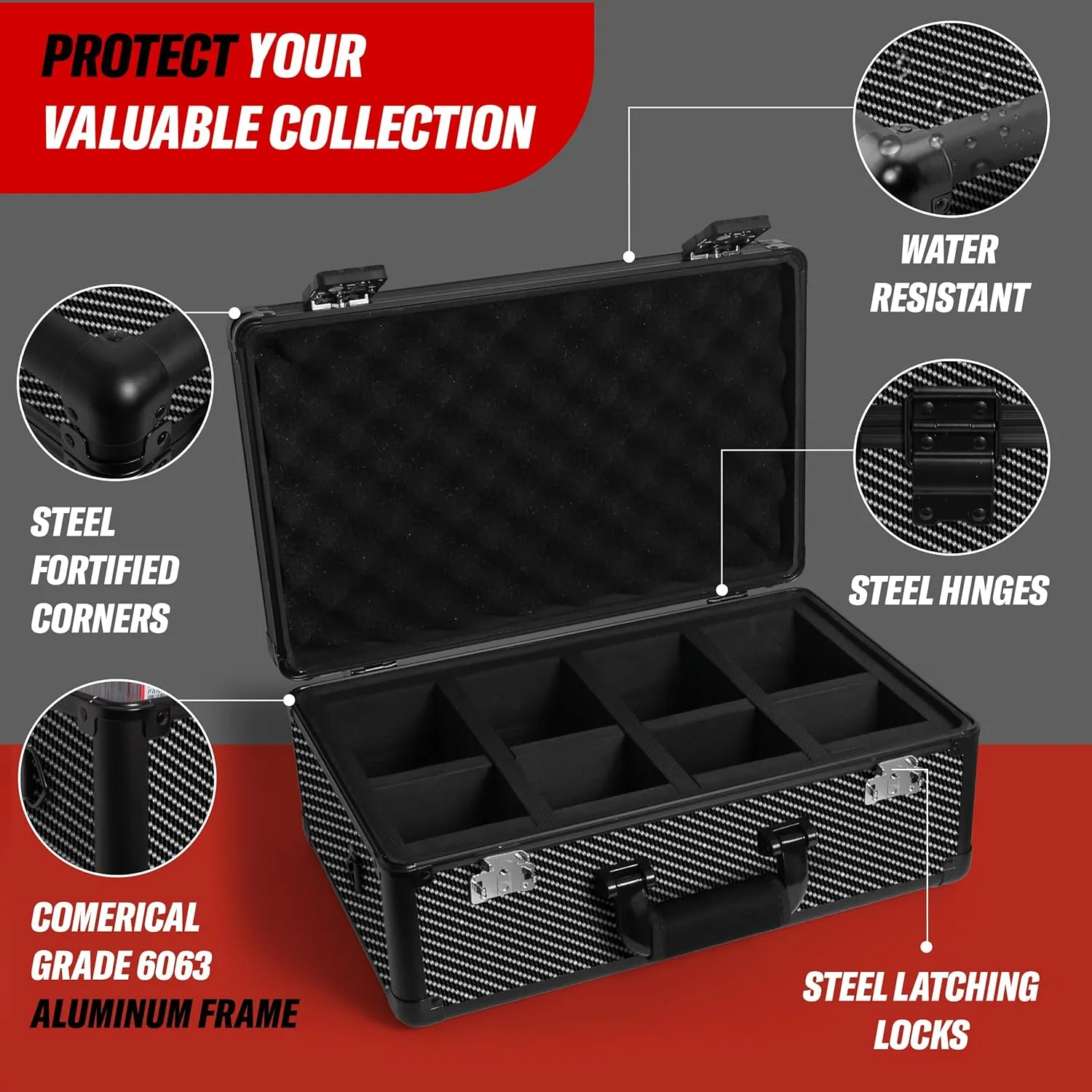 Graded Card Case, 4 Row Graded Card Storage Box, Trading Card Case, PSA Card Cases for Sports Cards Case, BGS PSA Slab Case For Graded Cards, Card Carrying Case(Carbon Fiber)