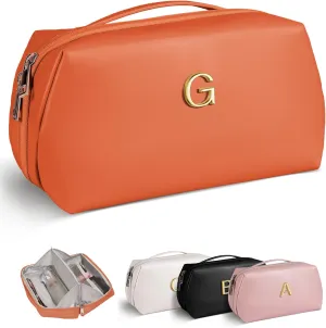 Graduation Gifts, Monogrammed Makeup Toiletry Bag for Women Girls, Gift for Mom, Wedding Gift, Bridesmaid Proposal Gifts, Waterproof Large Capacity Cosmetics Bag with Handle, Premium Leather