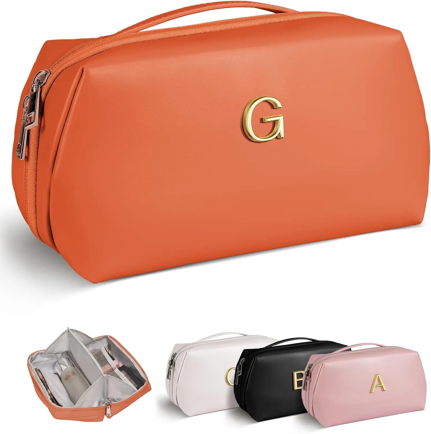 Graduation Gifts, Monogrammed Makeup Toiletry Bag for Women Girls, Gift for Mom, Wedding Gift, Bridesmaid Proposal Gifts, Waterproof Large Capacity Cosmetics Bag with Handle, Premium Leather