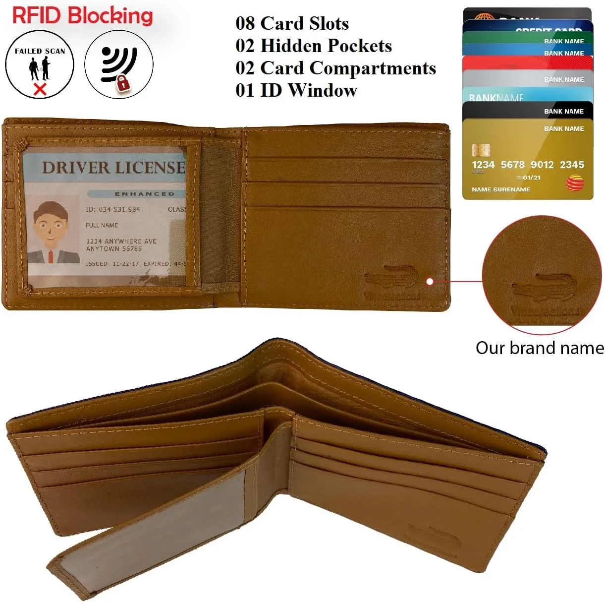 Green Bifold Leather Wallet Men With Flip Out ID Credit Card Holder AIIigator Premium RFID Blocking Front Pocket Handmade Gift For Birthday Wedding Anniversary Father's Day VINAM-111