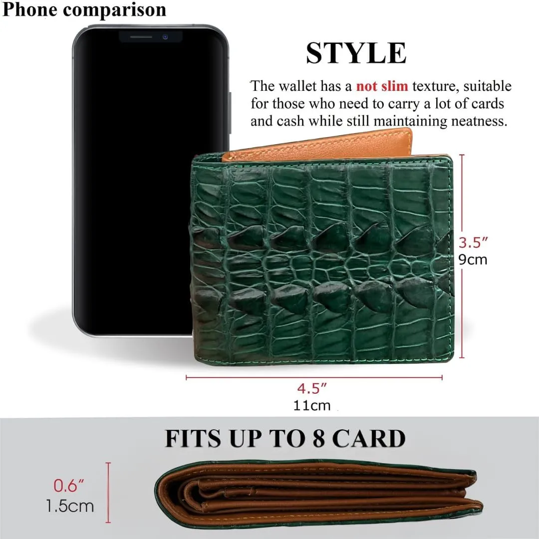 Green Bifold Leather Wallet Men With Flip Out ID Credit Card Holder AIIigator Premium RFID Blocking Front Pocket Handmade Gift For Birthday Wedding Anniversary Father's Day VINAM-111