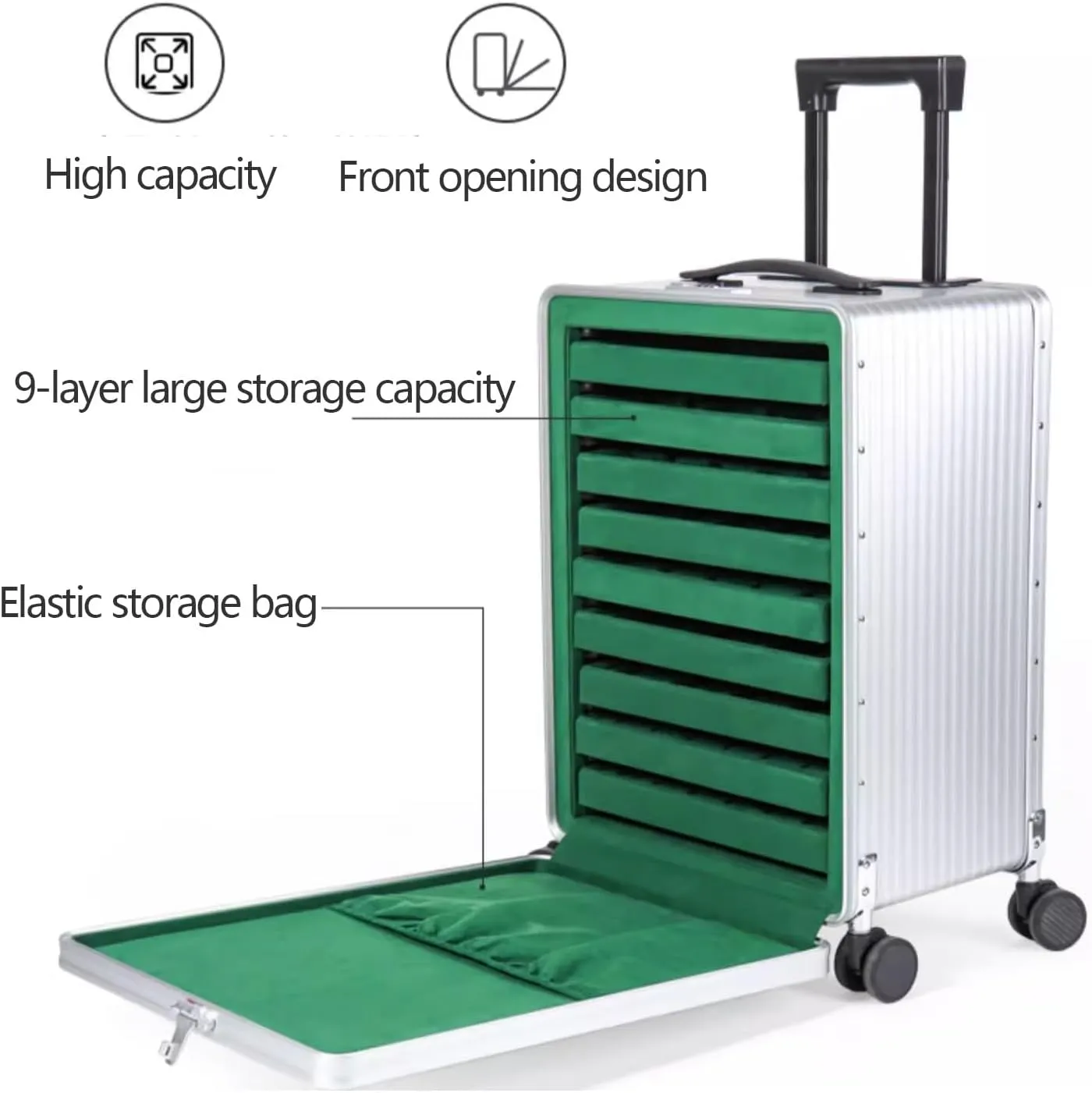 Green Travel Jewelry Trolley Case with Code Locks and Wheels - 9 Layer Removable Trays, Rolling Organizer for Women's Jewels Sets Display