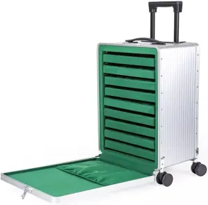 Green Travel Jewelry Trolley Case with Code Locks and Wheels - 9 Layer Removable Trays, Rolling Organizer for Women's Jewels Sets Display