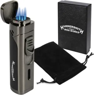 Hammersmith Ballistic Quad-Flame Butane Torch Lighter for Cigars and Cigarettes, Refillable Lighters, Mini Torch with Flip-Out Punch Cutter, Pull-Down Ignition, & Fuel Gauge (No Fuel) - Gunmetal