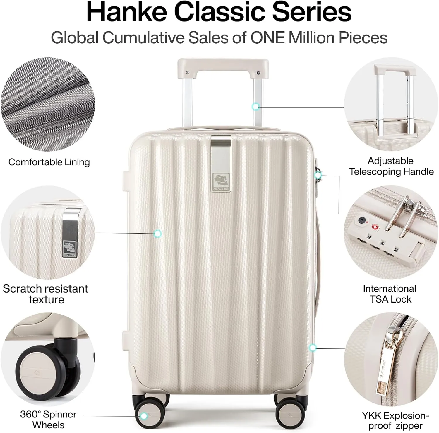 Hanke 20 Inch Carry On Luggage 22x14x9 Airline Approved Lightweight PC Hard Shell Suitcases with Wheels Travel Luggage Rolling Suitcase Travel Luggage Bag Christmas Gifts for Birthday(Ivory White)