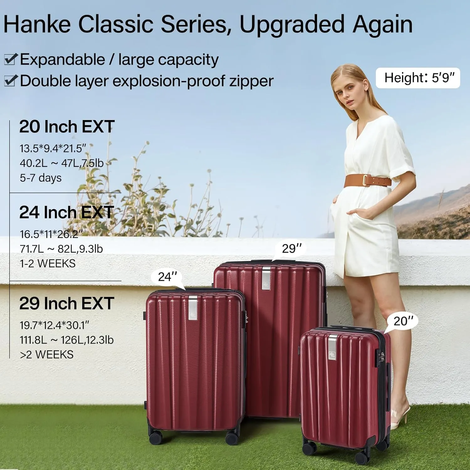 Hanke 20 Inch Expandable Carry on Luggage 22x14x9 Airline Approved Lightweight PC Hard Shell Suitcases with Wheels Tsa Luggage Rolling Suitcase Travel Luggage Bag for Weekender(Burgundy)