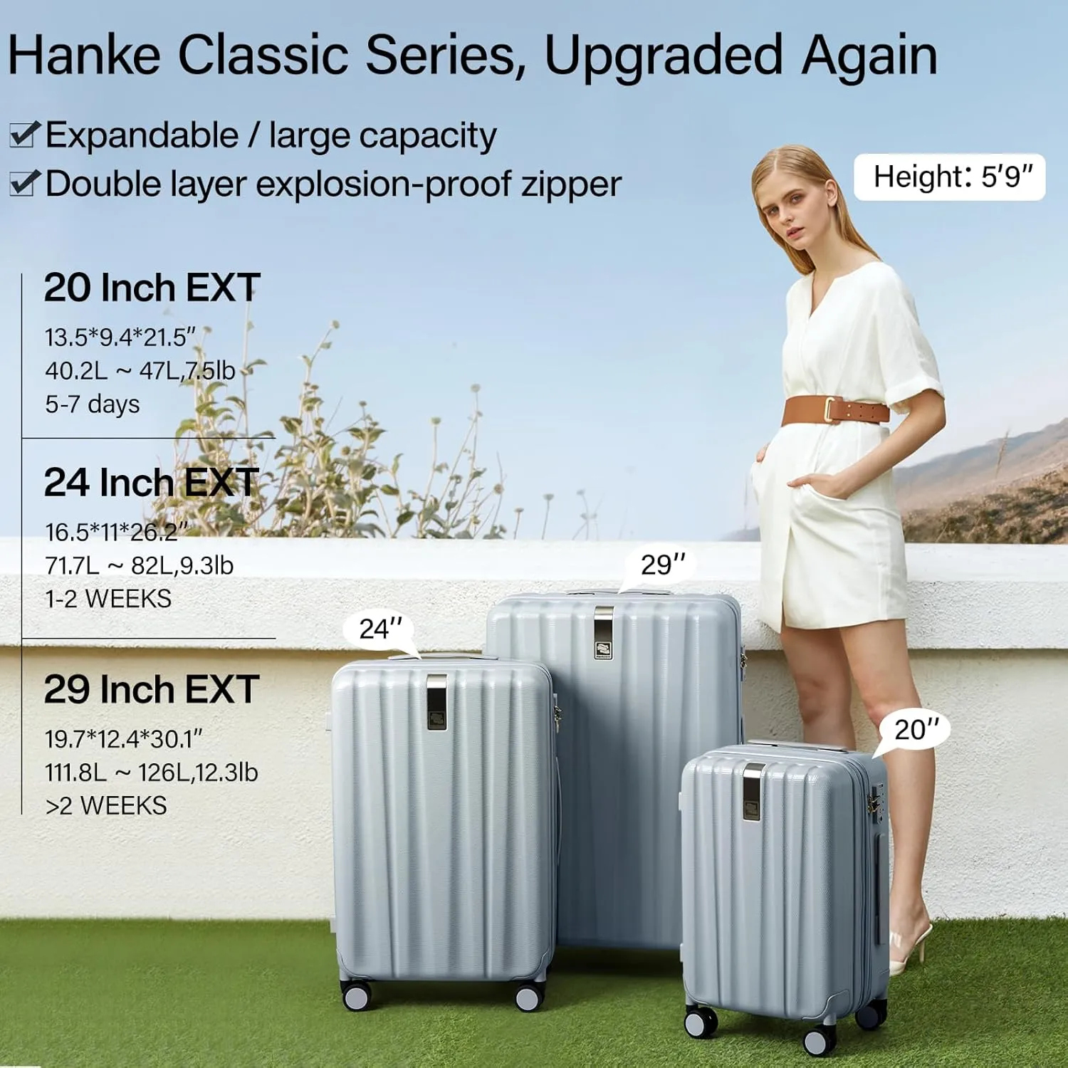 Hanke 24 Inch Expandable Checked Luggage Lightweight PC Hard Shell Luggage Suitcases with Wheels Travel Luggage Rolling Large Suitcase Travel Luggage Bag for Go to University.(Gray)