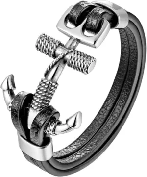 HAQUIL Rope Anchor Black Leather Bracelet for Men (AD)