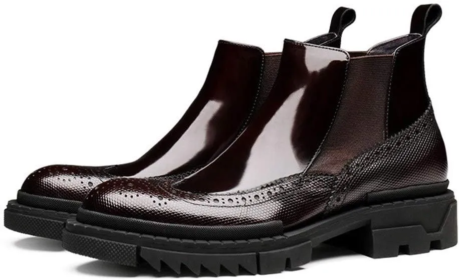 High Heel Brogue Boot for Men Chelsea BootGenuine Leather Pull On Wingtip Carving Round Toe Patent Leather